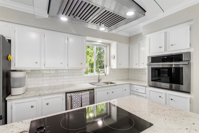 kitchen with sink, stainless steel appliances, extractor fan, white cabinets, and ornamental molding