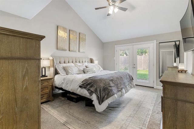 bedroom featuring access to exterior, ceiling fan, french doors, high vaulted ceiling, and light colored carpet