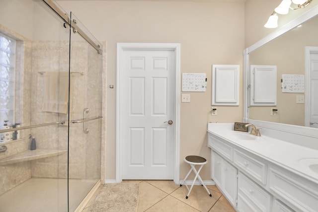 bathroom with tile patterned flooring, vanity, and a shower with door