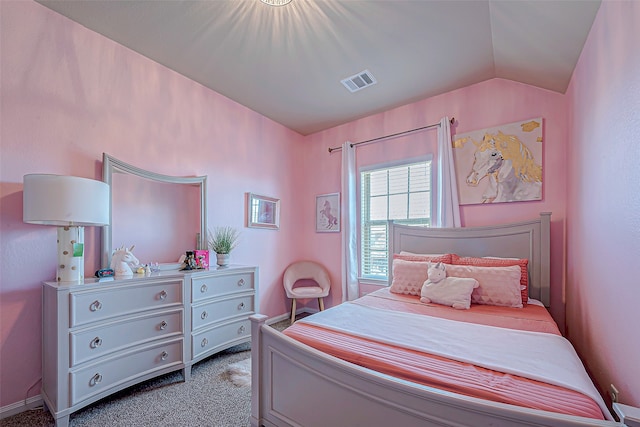 carpeted bedroom featuring lofted ceiling