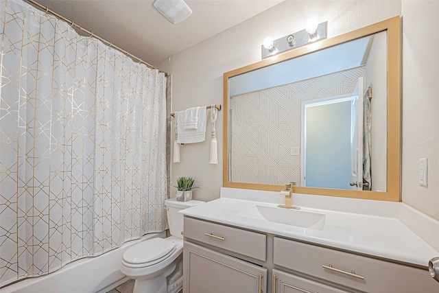 full bathroom with shower / tub combo, vanity, and toilet