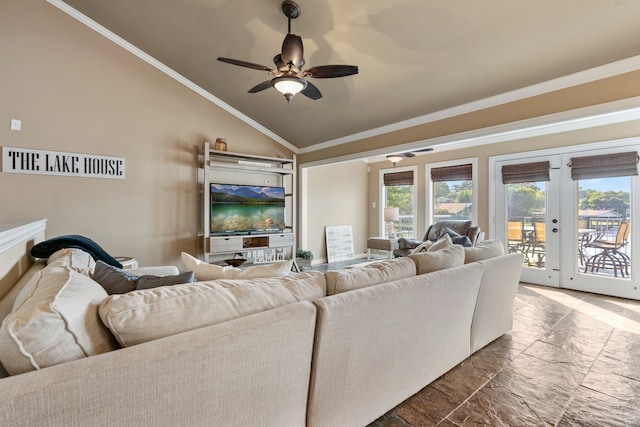 living room featuring ceiling fan, ornamental molding, high vaulted ceiling, and french doors