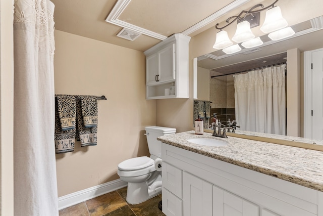 bathroom with vanity, toilet, and walk in shower