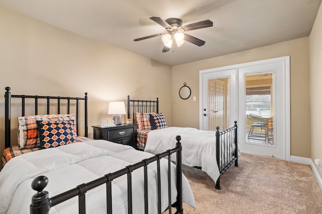 bedroom featuring access to exterior, ceiling fan, and light colored carpet