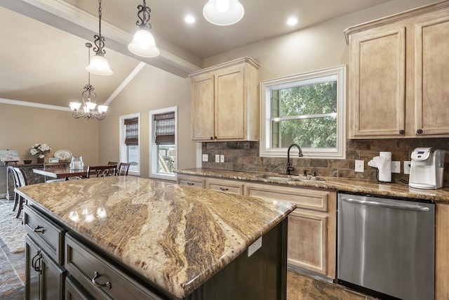 kitchen featuring sink, pendant lighting, a notable chandelier, dishwasher, and a kitchen island