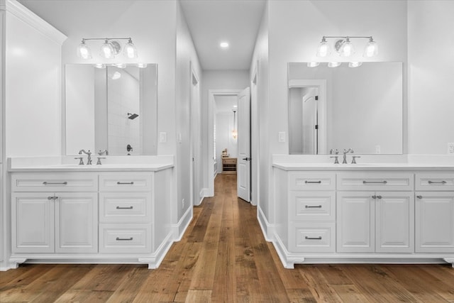 bathroom with hardwood / wood-style flooring and vanity