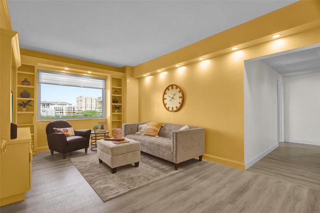 living room with built in features and hardwood / wood-style flooring