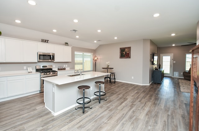 kitchen featuring a healthy amount of sunlight, light wood-type flooring, a kitchen island with sink, and appliances with stainless steel finishes