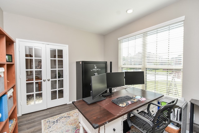 office area with dark hardwood / wood-style floors and french doors