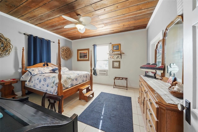 tiled bedroom with ceiling fan, crown molding, cooling unit, and wooden ceiling