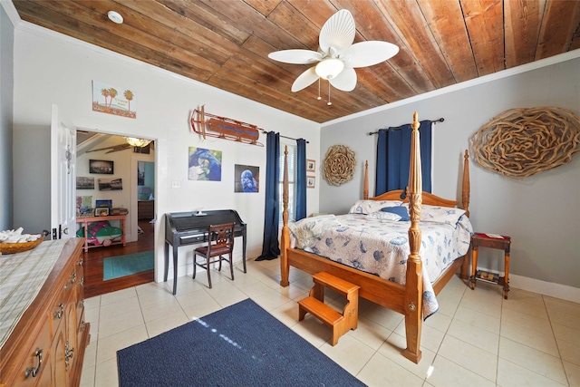 bedroom with ceiling fan, light tile patterned floors, wood ceiling, and ornamental molding