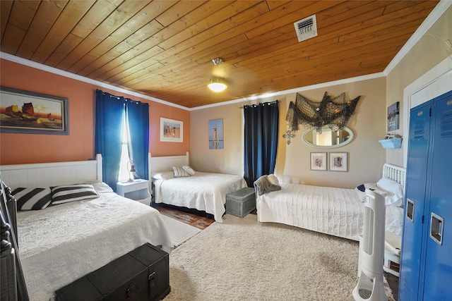 bedroom with wood-type flooring, wooden ceiling, and ornamental molding