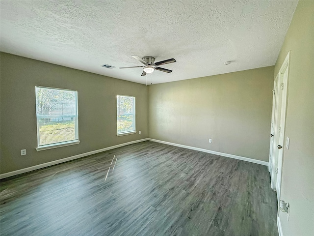 unfurnished room with hardwood / wood-style floors, a textured ceiling, and ceiling fan