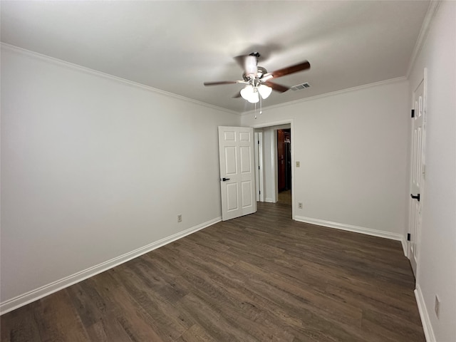 unfurnished room featuring crown molding, ceiling fan, and dark wood-type flooring