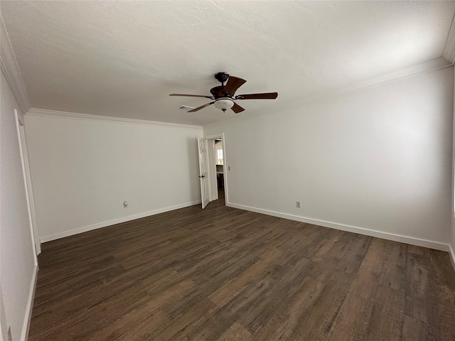 unfurnished room with ceiling fan, crown molding, and dark hardwood / wood-style floors