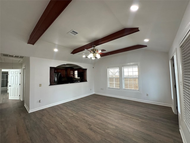 unfurnished living room featuring lofted ceiling with beams, dark hardwood / wood-style floors, and ceiling fan