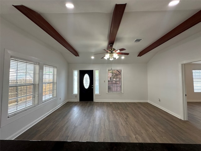 entrance foyer with lofted ceiling with beams, dark hardwood / wood-style floors, and ceiling fan