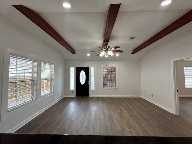6811 Roswell St, Houston, TX 77022 - foyer entrance with baseboards, plenty of natural light, a ceiling fan, recessed lighting, and dark wood-style floors