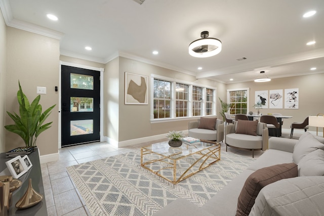 tiled living room featuring crown molding