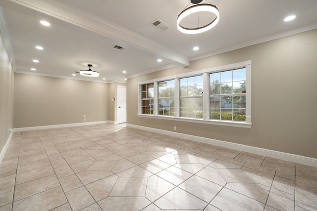 empty room featuring beamed ceiling, crown molding, and light tile patterned flooring