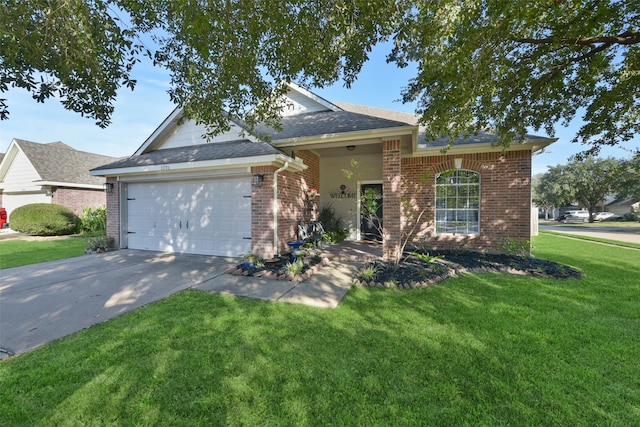 ranch-style home with a front yard and a garage