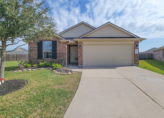 ranch-style home with a front lawn and a garage