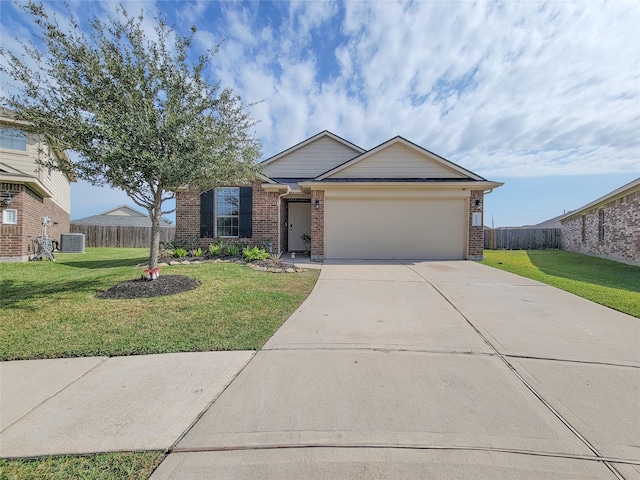 ranch-style home featuring central AC, a front yard, and a garage