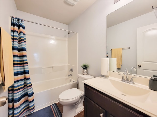 full bathroom featuring vanity, toilet, and shower / bathtub combination with curtain