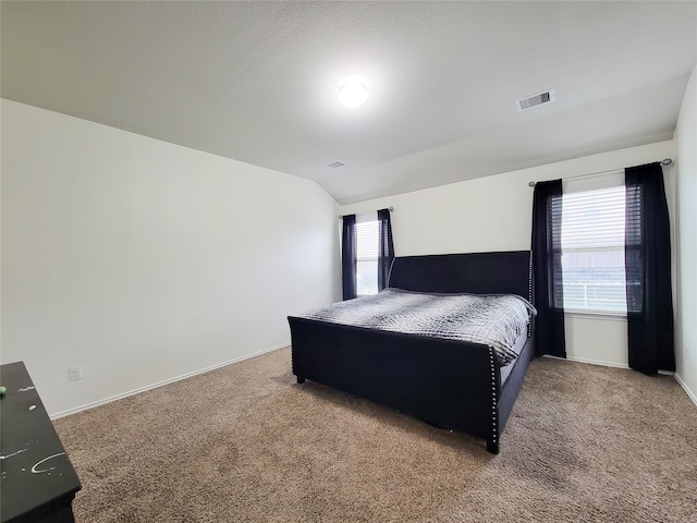 bedroom with lofted ceiling and carpet floors