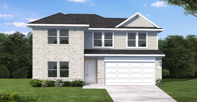 view of front facade with a garage and a front lawn