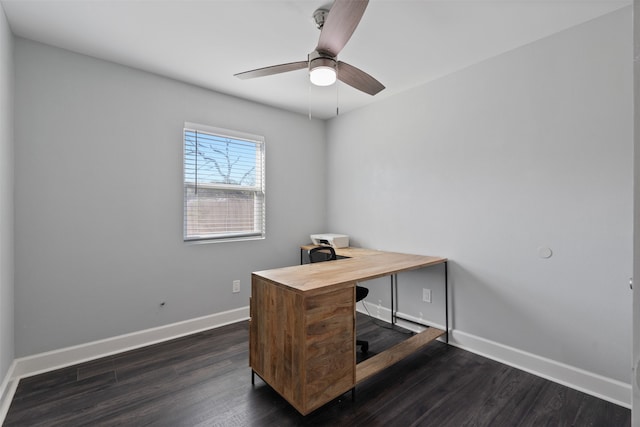 home office with ceiling fan and dark wood-type flooring