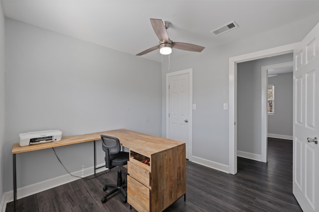 office with ceiling fan and dark wood-type flooring