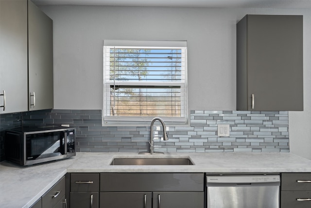 kitchen featuring backsplash, gray cabinets, sink, and stainless steel appliances