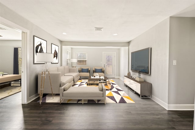 living room with dark wood-type flooring