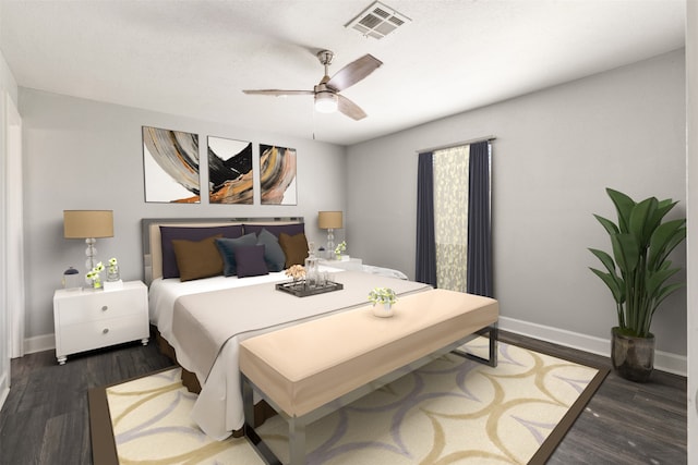 bedroom with ceiling fan and dark wood-type flooring