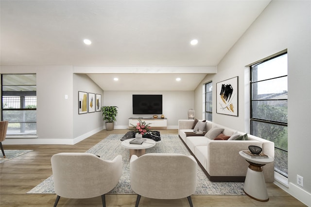 living room with wood-type flooring and lofted ceiling