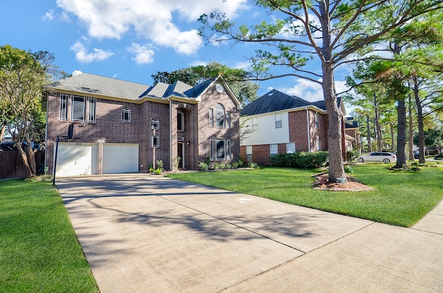 view of front of property with a front lawn and a garage