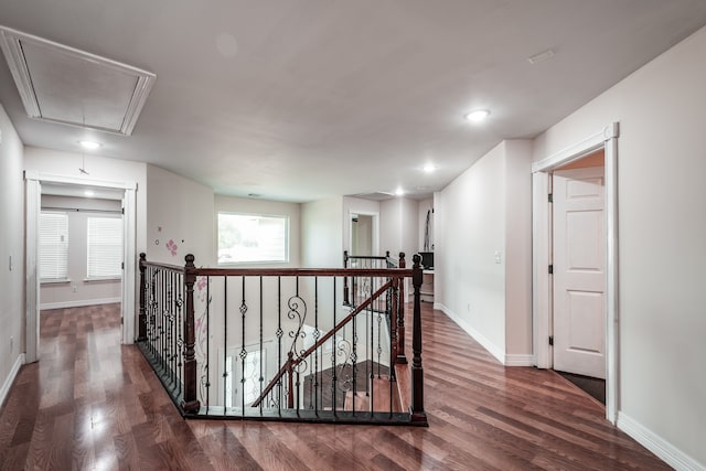 hall with a healthy amount of sunlight and dark wood-type flooring