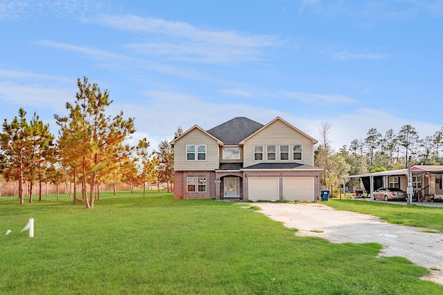 view of front of home with a garage, a carport, and a front lawn