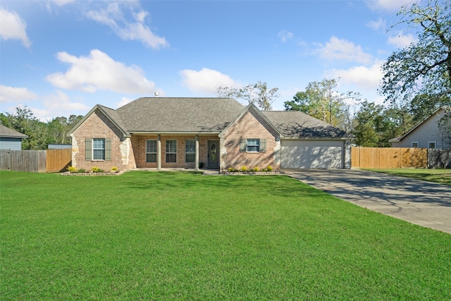 ranch-style house with a garage and a front yard