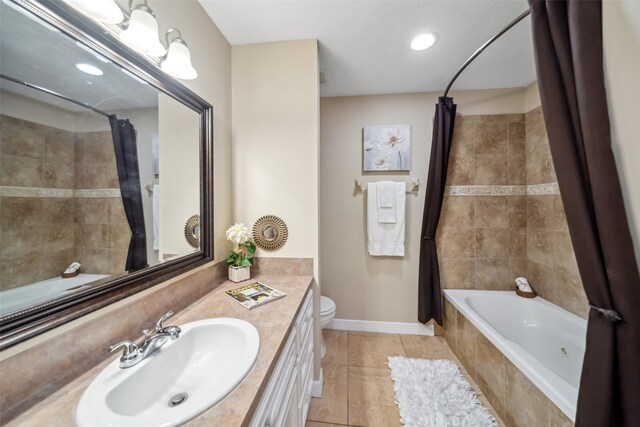 full bathroom with shower / bath combo, toilet, and vanity