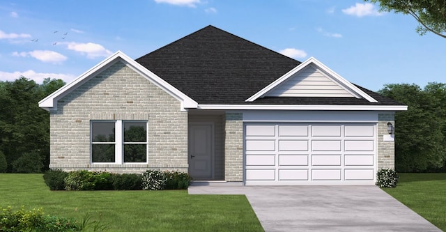 view of front of house with a garage and a front lawn