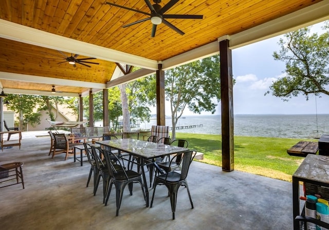 view of patio featuring ceiling fan and a water view