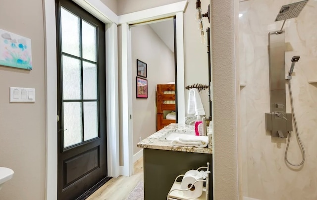 bathroom with vanity, hardwood / wood-style flooring, and walk in shower