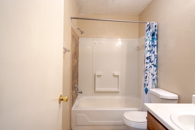 full bathroom with shower / bathtub combination with curtain, vanity, a textured ceiling, and toilet