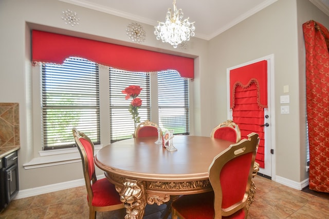 tiled dining space featuring crown molding and a notable chandelier