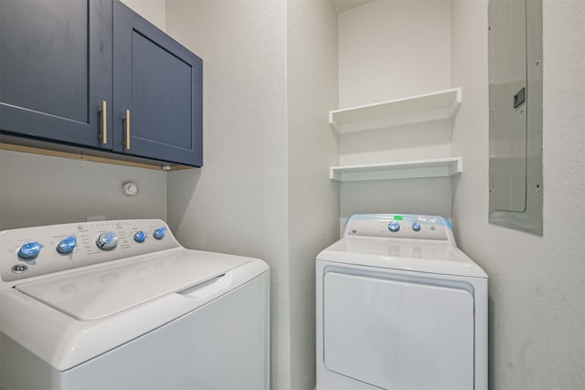 laundry area featuring cabinets, washing machine and dryer, and electric panel