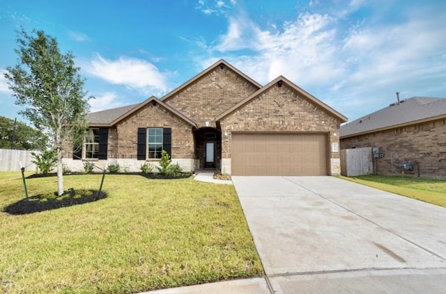 single story home with a garage, brick siding, fence, and driveway