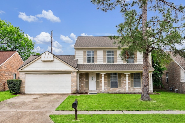 view of front of home with a porch, a front yard, and a garage