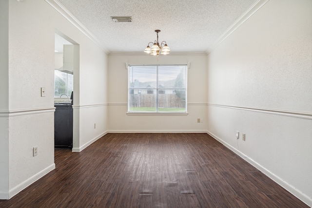 unfurnished dining area featuring a textured ceiling, a chandelier, dark hardwood / wood-style floors, and ornamental molding